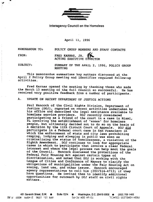 ICH [Interagency Council on the Homeless] Policy Group Meeting Summary [April 6, 1996]