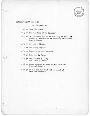 Daily Appointment Sheet for President Harry S. Truman