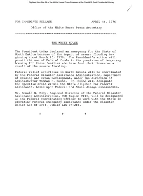 President declares an emergency for the State of North Dakota due to severe flooding [Disaster Declaration]