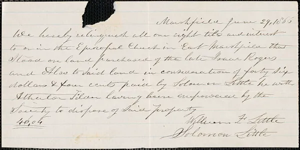 Relinquishment of William F. Little and Solomon Little's title to Trinity Church in Marshfield