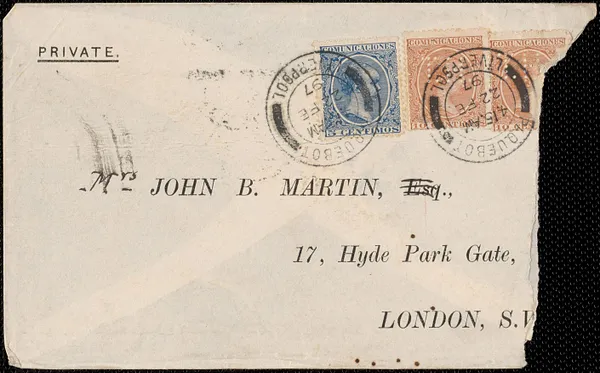 [John Biddulph Martin] envelope to Mrs. John B. Martin [Victoria Woodhull Martin] Liverpool, [England], February 22, 1897