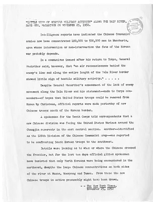 Copy of New York Times Newspaper Article, "Little Sign of Hostile Military Activity Along the Yalu River, Says General MacArthur on November 25, 1950"
