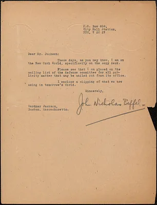 John Nicholas Beffel typed letter signed to [Gardner] Jackson, New York, N. Y., July 20, 1927