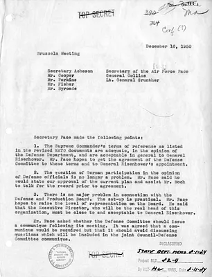 Memorandum of Conversation with Secretary of State Dean Acheson, Secretary of the Army Frank Pace, General J. Lawton Collins, Lieutenant General Alfred E. Gruenther, and Others