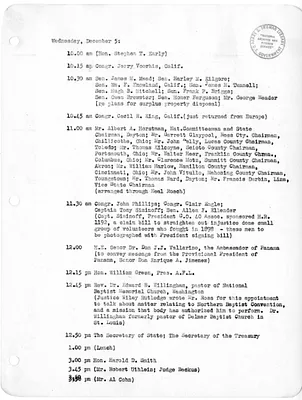 Daily Appointment Sheet for President Harry S. Truman