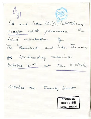Invitation Reply from Mr. and Mrs. W. D. Matthews to the White House Social Office