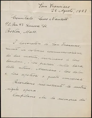 R. Antonelli autograph letter signed, in Italian, to Sacco-Vanzetti Defense Committee, San Francisco, Calif., August 28, 1927