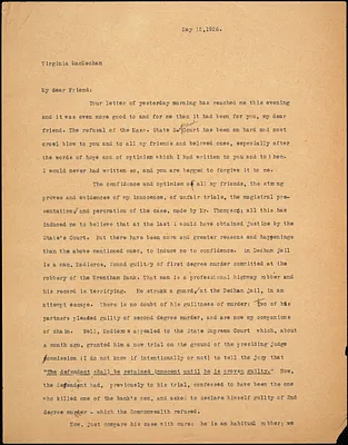 Bartolomeo Vanzetti typed letter (copy) to Virginia A. MacMechan, [Charlestown], 15 May 1926
