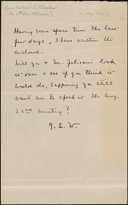 [Gertrude L. Winslow] autograph note signed (initials) to [Aldino Felicani?, Boston, Mass., approximately August, 1932?]