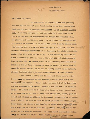 Bartolomeo Vanzetti typed letter (copy) to Elizabeth Glendower Evans, [Charlestown], 14 June 1927