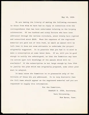 Judd, Charles Hubbard, 1873-1946 typed letter to unknown recipients, New Haven, Conn., 18 May 1909