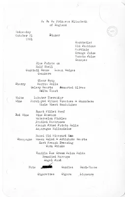 White House Dinner Menu for Her Royal Highness Princess Elizabeth of England
