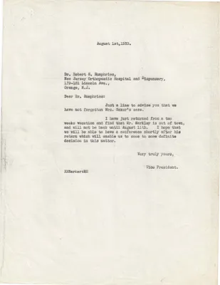 Letters Sent to Robert E. Humphries, August 1, 1930
