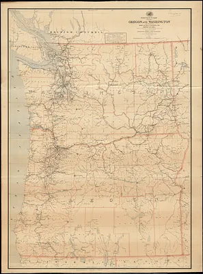 Post route map of the states of Oregon and Washington with adjacent states of Idaho, Nevada, California and British Columbia