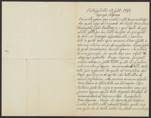 Herbert Brutus Ehrmann Papers, 1906-1970. Sacco-Vanzetti. Battista Vanzetti, [father of Bartolomeo]. Autograph Letter Signed addressed "Egregia Signora" [Mrs. E.G. Evans?], Feb. 19, 1922. Box 16, Folder 15, Harvard Law School Library, Historical & Special Collections