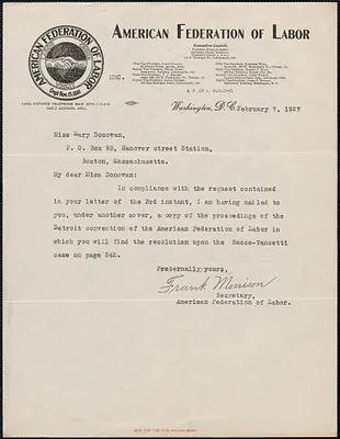 Frank Morrison (American Federation of Labor) typed note signed to Mary Donovan, Washington, D.C., February 7, 1927