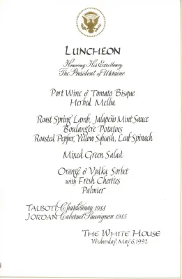 Cards-Menus, Luncheon, Honoring His Excellency the President of Ukraine, The White House, May 6, 1992