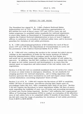 Signing of H.R. 11804 - Federal Railroad Safety Authorization Act of 1976 [Bill]