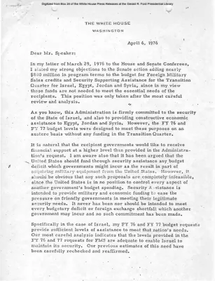 President's Letter to the Speaker of the House concerning foreign aid funding