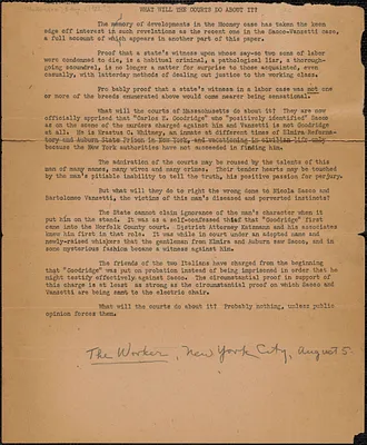 The Worker typescript article, New York, N. Y., August 5, [1922?]: What will the courts do about it?