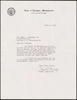 Letter from Hazel J. Murray, on behalf of the Selectmen, to Edwin B. Worthen, April 8, 1947