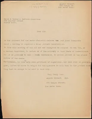 Angelo Crisafi typed letter to Sacco-Vanzetti Defense Committee, New Haven, Conn., approximately [April 26, 1927]