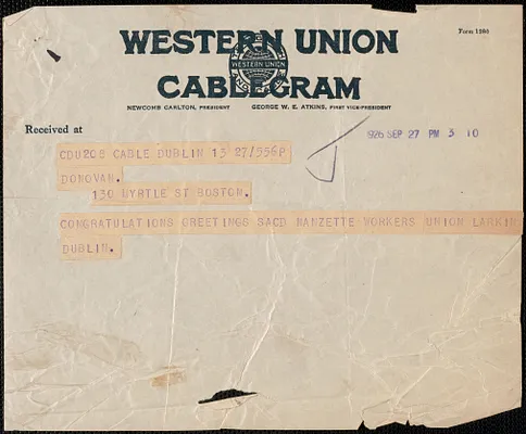 [Jim] Larkin (Irish Workers' Union) telegram to Mary Donovan, Dublin, Ire., September 27, 1926