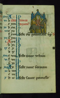 Leaf from Book of Hours: May Calendar, Falconer Riding a Horse