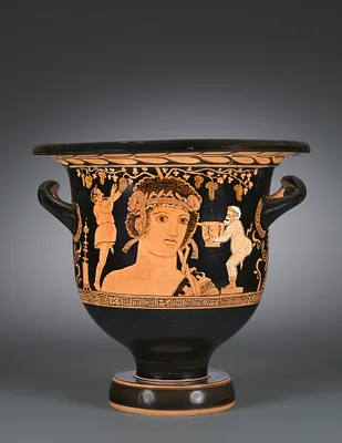 Red-Figure Bell-Krater (Mixing Vessel): Bust of Dionysos and Comic Actors (A); Dionysos, Satyr, Maenad (B)