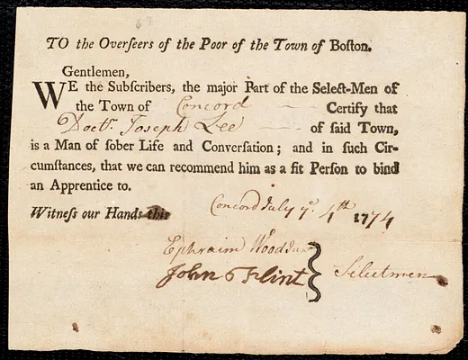 James Taylor indentured to apprentice with Joseph Lee of Concord, 2 November 1774