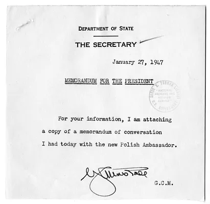 Memorandum from Secretary of State George Marshall to President Harry S. Truman, with Attachment
