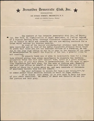 Ironsides Democratic Club typed document (copy) to [Alvan T. Fuller?], Brooklyn, N. Y., [July-August 1927?]