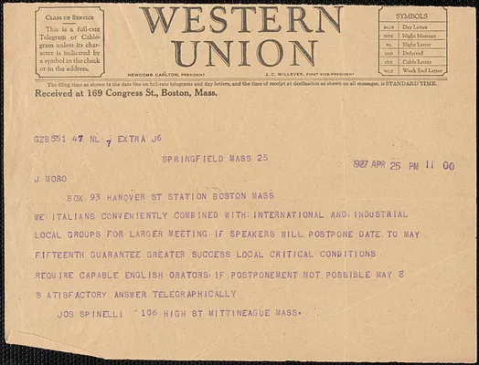 Giuseppe Spinelli telegram to Joseph Moro, Springfield, Mass., April 25, 1927