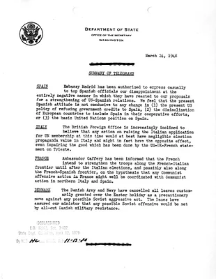 Memorandum, State Department Summary of Telegrams