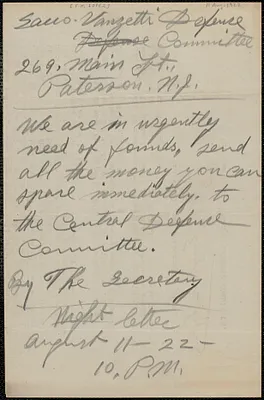 Frank R. Lopez (Sacco-Vanzetti Defense Committee) autograph note (draft), Paterson, N. J., August 11, 1922