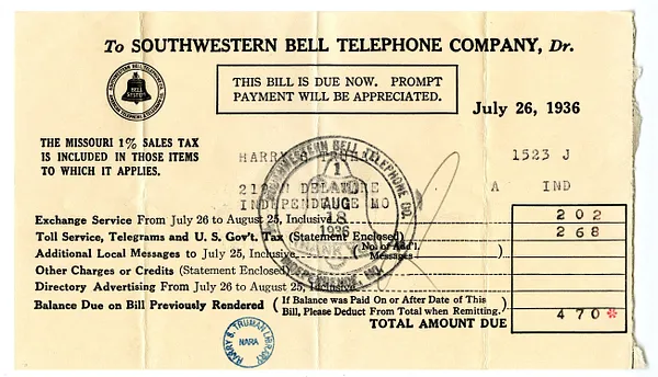 Bill from Southwestern Bell Telephone Company to Harry S. Truman