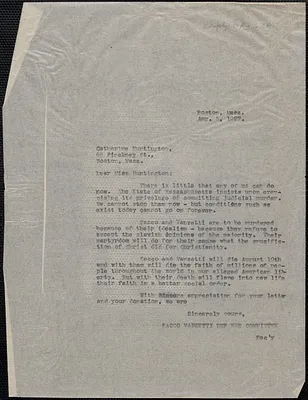 Sacco-Vanzetti Defense Committee typed letter (copy) to Catharine Sargent Huntington, Boston, Mass., August 5, 1927