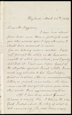 Letter from Lydia Maria Child, Wayland, to Thomas Wentworth Higginson, March 26'th, 1866