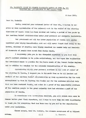 Mr. Kamenev's Reply to Colonel Haskell's Letter