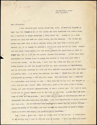 Bartolomeo Vanzetti typed letter (copy) to Alfonsina Brini, Charlestown, 10 January 1921