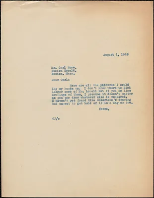 Gardner Jackson typed note (copy) to Carl Rose (The Boston Herald), [Boston, Mass.], August 1, 1929