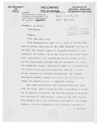 Telegram from Charles Sawyer to Secrertary of State Edward Stettinius