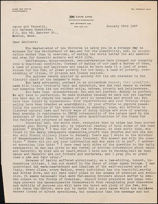 Louis Long typed letter signed to Sacco-Vanzettie Defense Committee, New York, N.Y., January 23, 1927