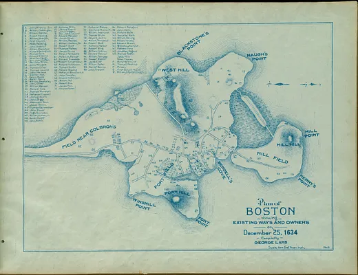 Plan of Boston showing existing ways and owners on December 25, 1634