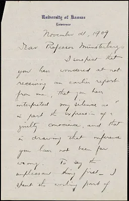 Rogers, David Camp autograph letter signed to Hugo Münsterberg, Lawrence, Kan., 21 November 1909