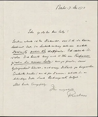 Rubner, Max, 1854-1932 autograph letter signed to Hugo Münsterberg, Berlin, 17 November 1910