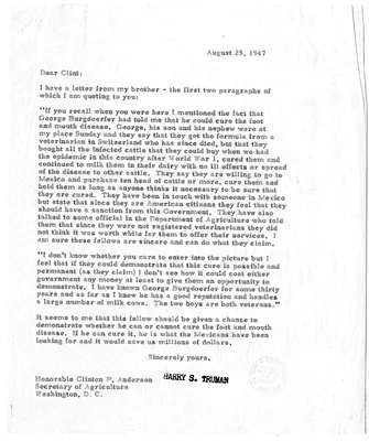 Letter from J. Vivian Truman to Harry S. Truman, with Related Letter from President Harry S. Truman to Secretary of Agriculture Clinton Anderson