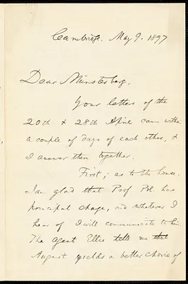 James, William, 1842-1910 autograph letter signed to Hugo Münsterberg, Cambridge, Mass., 9 May 1897
