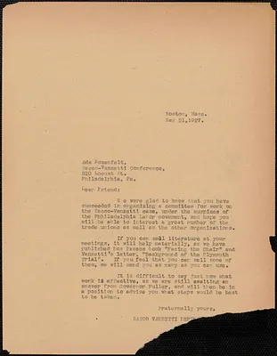 Sacco-Vanzetti Defense Committee typed letter (copy) to Ada Rosenfelt (Sacco-Vanzetti Conference, Philadelphia), May 21, 1927