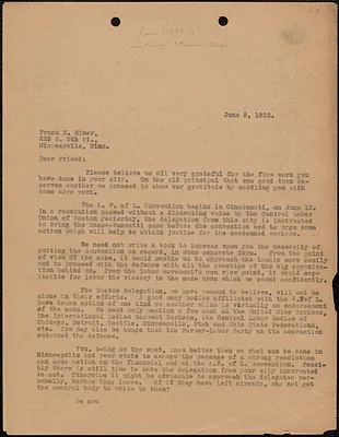 Sacco-Vanzetti Defense Committee typed letter (copy) to Frank E. Miner, Boston, Mass., June 5, 1922